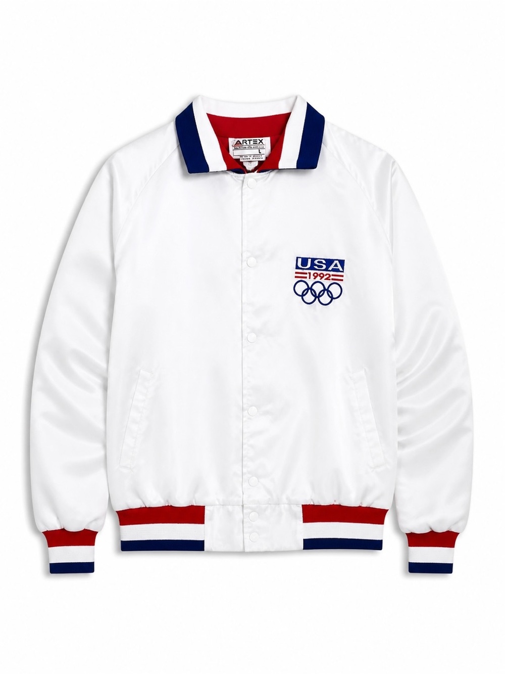 Artex Bomber Jacket Mens Large White 1992 USA Olympic Satin Vintage